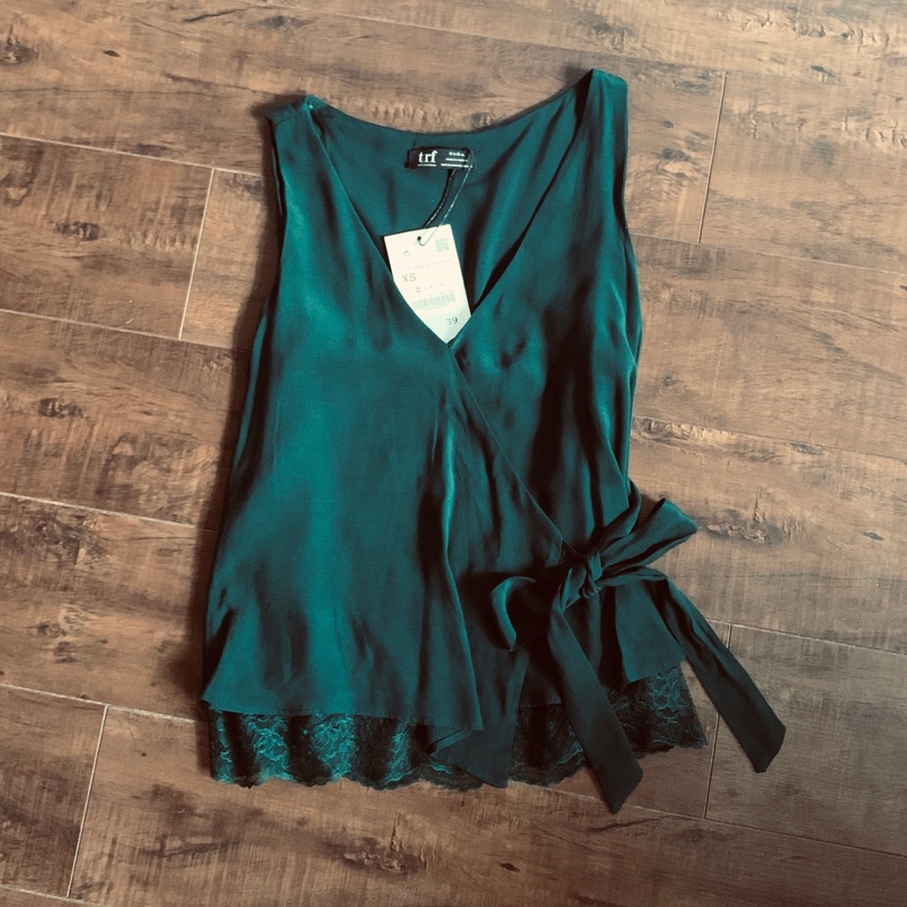 NWT Zara Dark Green Lace Tie Blouse